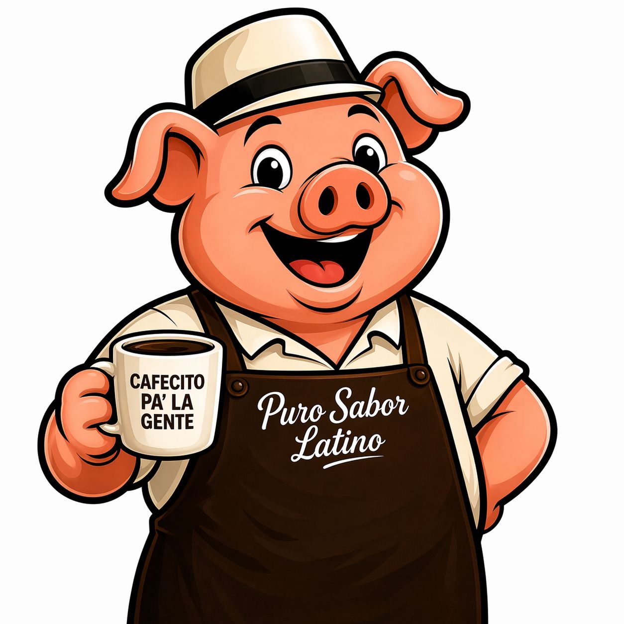 Santo Tamal mascot — a smiling pig in a Panama hat holding a cafecito