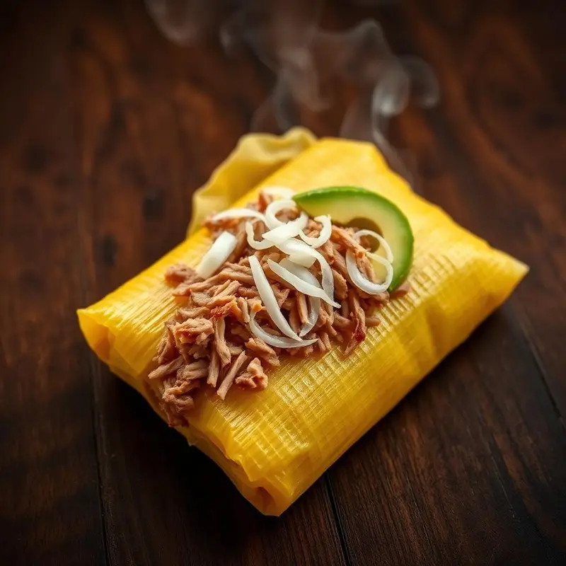 Tamal Preparado from Santo Tamal Latin Grill topped with roast pork, onions and avocado